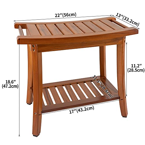 Utoplike Teak Shower Bench Seat with Handles and Teak Bathroom Shelf Organizer Freestanding Set