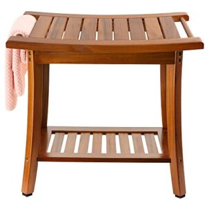 Utoplike Teak Shower Bench Seat with Handles and Teak Bathroom Shelf Organizer Freestanding Set