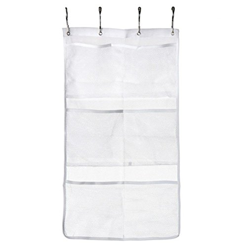 AKOAK 1 Set White 6-Packet Quick Dry Mesh Pockets Fabric Hanging Caddy and Bath Organizer Hang on Shower Curtain Rod/Liner Hooks with 4 Rings