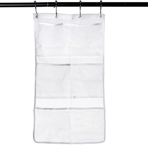 AKOAK 1 Set White 6-Packet Quick Dry Mesh Pockets Fabric Hanging Caddy and Bath Organizer Hang on Shower Curtain Rod/Liner Hooks with 4 Rings