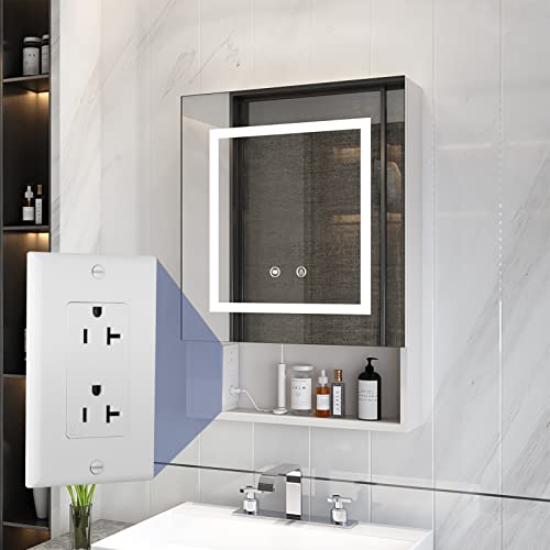 LALAHOO 28" X 20" Medicine Cabinet for Bathroom with Mirror, Built-in Outlet, LED Bathroom Medicine Cabinet with Anti-Fog, Wall Mounted Bathroom Cabinet with 3 Tier Storage Shelves, Dimmable Light