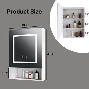 LALAHOO 28" X 20" Medicine Cabinet for Bathroom with Mirror, Built-in Outlet, LED Bathroom Medicine Cabinet with Anti-Fog, Wall Mounted Bathroom Cabinet with 3 Tier Storage Shelves, Dimmable Light