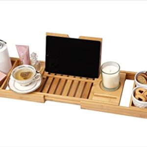 Bathtub Caddy Tray for Bath- Bamboo Adjustable Bathtub Caddy Tray- Free Body Brush- Suitable for Luxury Spa or Reading- Shower Tray - Bathroom Tray Organizer - Accessories for Bathroom