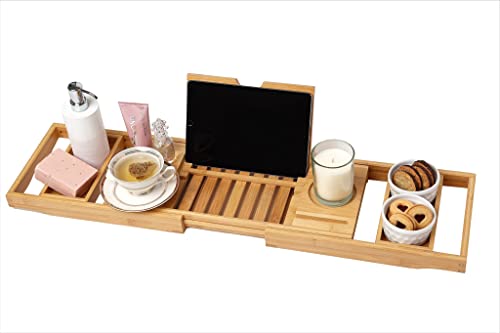 Bathtub Caddy Tray for Bath- Bamboo Adjustable Bathtub Caddy Tray- Free Body Brush- Suitable for Luxury Spa or Reading- Shower Tray - Bathroom Tray Organizer - Accessories for Bathroom