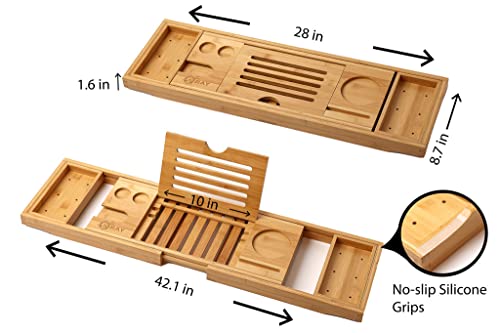 Bathtub Caddy Tray for Bath- Bamboo Adjustable Bathtub Caddy Tray- Free Body Brush- Suitable for Luxury Spa or Reading- Shower Tray - Bathroom Tray Organizer - Accessories for Bathroom