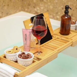 Bathtub Caddy Tray for Bath- Bamboo Adjustable Bathtub Caddy Tray- Free Body Brush- Suitable for Luxury Spa or Reading- Shower Tray - Bathroom Tray Organizer - Accessories for Bathroom