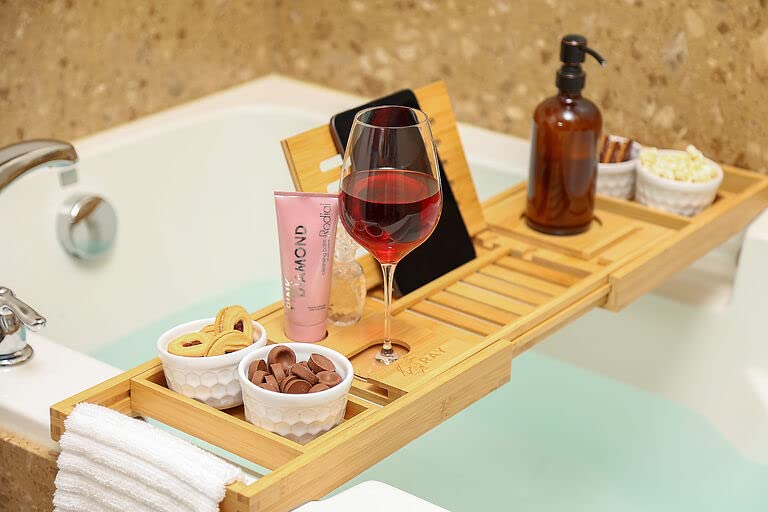 Bathtub Caddy Tray for Bath- Bamboo Adjustable Bathtub Caddy Tray- Free Body Brush- Suitable for Luxury Spa or Reading- Shower Tray - Bathroom Tray Organizer - Accessories for Bathroom