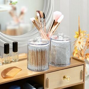 4 Pack Qtip Holder Dispenser Shiny Silver Cotton Ball Cotton Swab Cotton Round Pads Floss Clear Bathroom Storage Containers Plastic Apothecary Jars with Lids