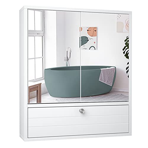 GLACER Wall Mounted Storage Cabinet, Bathroom Medicine Cabinet with Double Mirrored Doors and Adjustable Shelf, Ideal for Bathroom, Living Room, Cloakroom, 21.5 x 5.5 x 24.5 inches (White)