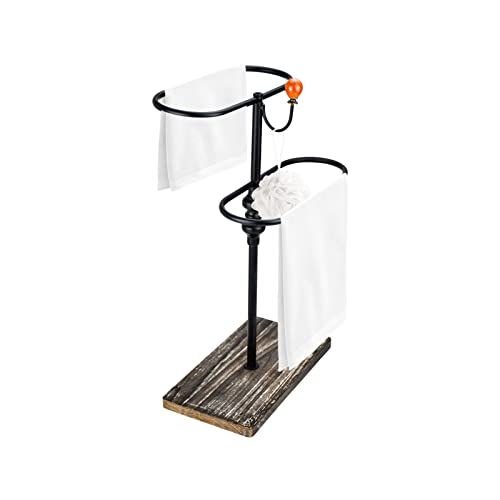 2-Tier Towel Rack Rustic Double T-Shape Ring Hand Towel Holder Wood Base & Black Metal Rack Farmhouse Towel Holder DIY Headband Holder Towel Holder Stand with Hook Bathroom Kitchen Counter Organizer