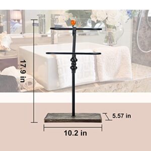 2-Tier Towel Rack Rustic Double T-Shape Ring Hand Towel Holder Wood Base & Black Metal Rack Farmhouse Towel Holder DIY Headband Holder Towel Holder Stand with Hook Bathroom Kitchen Counter Organizer