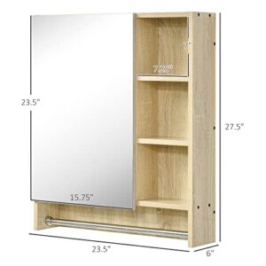 kleankin 23.5" x 27.5" Wall-Mounted Bathroom Medicine Cabinet, Vanity Mirror with 3 Storage Shelves, Inside Adjustable Shelf, and Towel Rack, Natural