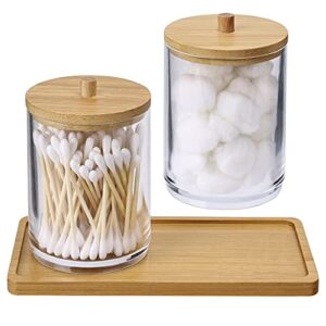 2pack acrylic qtip holder dispenser and 1 bamboo tray, 10oz bathroom canisters set, apothecary jars qtip holder bathroom for cotton ball, cotton swab,q-tips accessories storage organizer