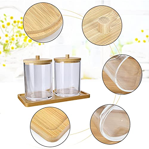 2Pack Acrylic Qtip Holder Dispenser and 1 Bamboo Tray, 10oz Bathroom Canisters Set, Apothecary Jars Qtip Holder Bathroom for Cotton Ball, Cotton Swab,Q-Tips Accessories Storage Organizer