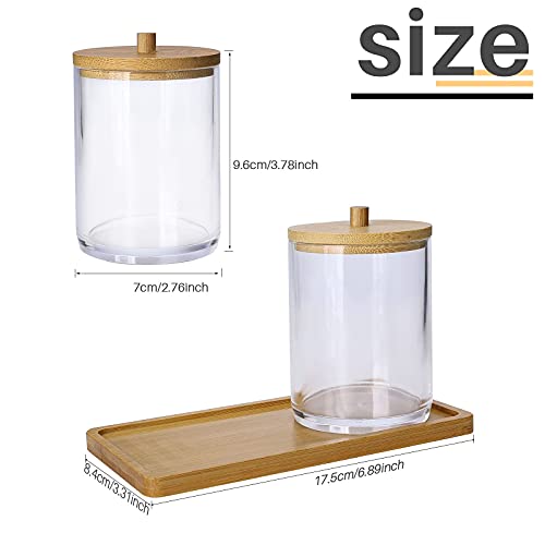 2Pack Acrylic Qtip Holder Dispenser and 1 Bamboo Tray, 10oz Bathroom Canisters Set, Apothecary Jars Qtip Holder Bathroom for Cotton Ball, Cotton Swab,Q-Tips Accessories Storage Organizer