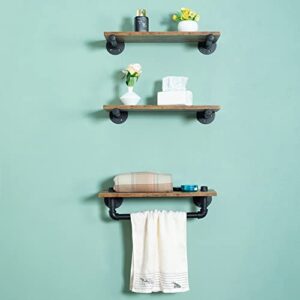 botaoyiyi industrial pipe shelving, 3-tier industrial shelves for wall, floating wood modern shelf iron metal rack mounted corner rustic decor with towel bar over toilet for bathroom