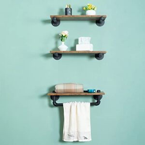 BOTAOYIYI Industrial Pipe Shelving, 3-Tier Industrial Shelves for Wall, Floating Wood Modern Shelf Iron Metal Rack Mounted Corner Rustic Decor with Towel Bar Over Toilet for Bathroom