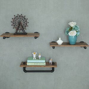 BOTAOYIYI Industrial Pipe Shelving, 3-Tier Industrial Shelves for Wall, Floating Wood Modern Shelf Iron Metal Rack Mounted Corner Rustic Decor with Towel Bar Over Toilet for Bathroom