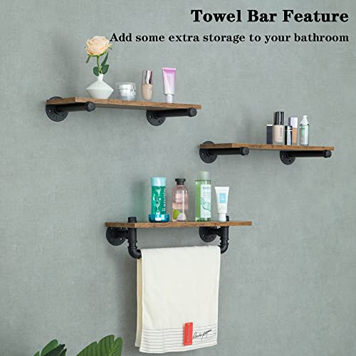 BOTAOYIYI Industrial Pipe Shelving, 3-Tier Industrial Shelves for Wall, Floating Wood Modern Shelf Iron Metal Rack Mounted Corner Rustic Decor with Towel Bar Over Toilet for Bathroom