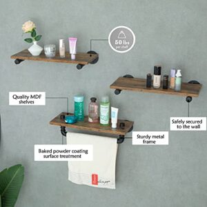 BOTAOYIYI Industrial Pipe Shelving, 3-Tier Industrial Shelves for Wall, Floating Wood Modern Shelf Iron Metal Rack Mounted Corner Rustic Decor with Towel Bar Over Toilet for Bathroom