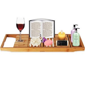 adjustable bamboo bathtub caddy tray - natural wood luxury bath tub organizer w/ wine holder, soap dish, cup slot, book tablet holder, and phone slot for spa, bathroom, shower - serenelife