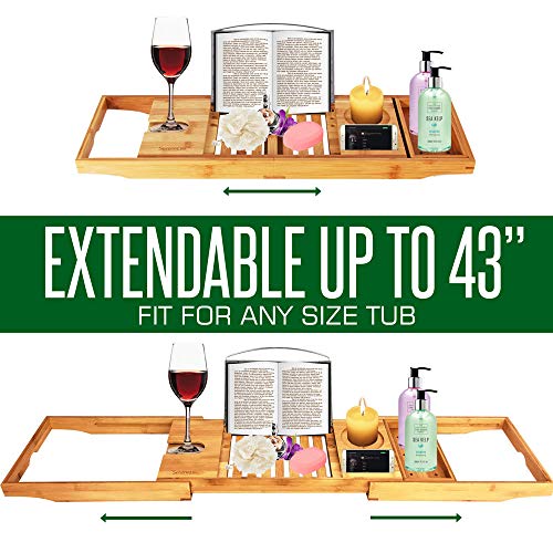 Adjustable Bamboo Bathtub Caddy Tray - Natural Wood Luxury Bath Tub Organizer w/ Wine Holder, Soap Dish, Cup Slot, Book Tablet Holder, and Phone Slot for Spa, Bathroom, Shower - SereneLife