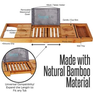 Adjustable Bamboo Bathtub Caddy Tray - Natural Wood Luxury Bath Tub Organizer w/ Wine Holder, Soap Dish, Cup Slot, Book Tablet Holder, and Phone Slot for Spa, Bathroom, Shower - SereneLife