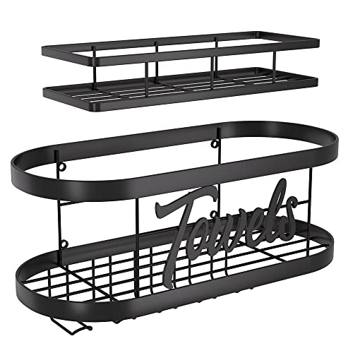 Towel Rack for Bathroom, Towel Holder with 5 Towel Hooks Wall Mounted, Bathroom Towel Storage Holder with Shelf for Large Towels, Washcloths, Hand Towels, Shower Towel, Bathroom Decor, Metal, 2 Pack