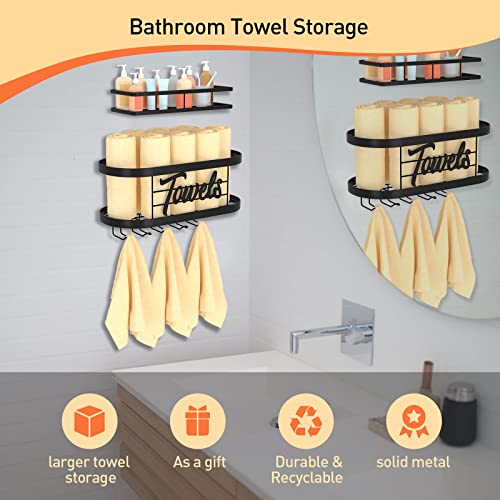 Towel Rack for Bathroom, Towel Holder with 5 Towel Hooks Wall Mounted, Bathroom Towel Storage Holder with Shelf for Large Towels, Washcloths, Hand Towels, Shower Towel, Bathroom Decor, Metal, 2 Pack