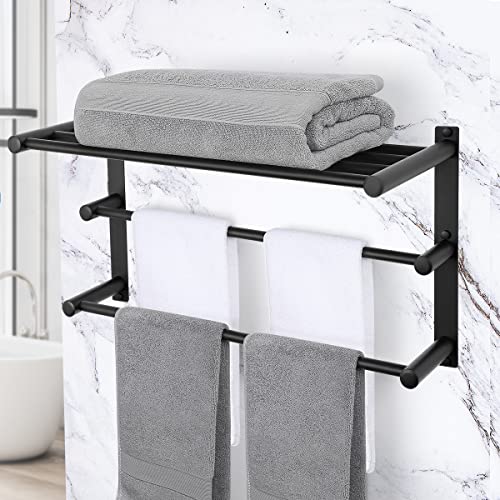 Bathroom Towel Rack with Tower Bars 3 Tiers- Double Towel Bar with Shelf SUS 304 Stainless Steel Lavatory Bath Towel Shelf Wall Mount Towel Holder Black