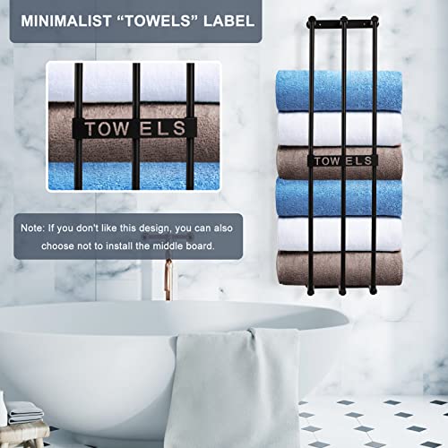 Sawjut Wall Towel Racks for Bathroom Wall Mounted, 3 Bars Metal Wall Towel Storage Rack with 6 Hooks, Bath Towel Holder Shelf for Rolled Towels Large Towel Washcloths Hand Towels (Black)