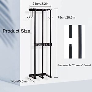 Sawjut Wall Towel Racks for Bathroom Wall Mounted, 3 Bars Metal Wall Towel Storage Rack with 6 Hooks, Bath Towel Holder Shelf for Rolled Towels Large Towel Washcloths Hand Towels (Black)