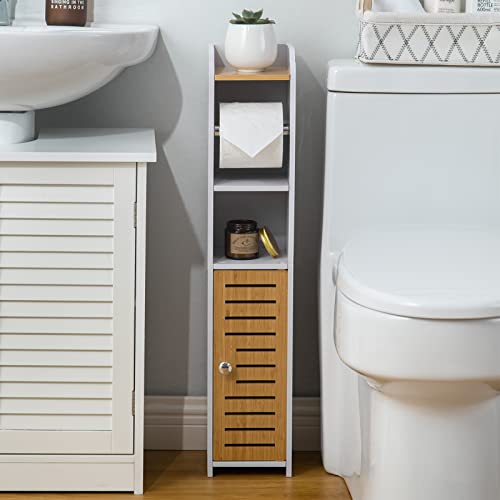 H HUIYKALY Bathroom Storage Cabinet,Small Storage Cabinet for Small Spaces,Bathroom Stand with Toilet Paper Holder Insert,White Bamboo