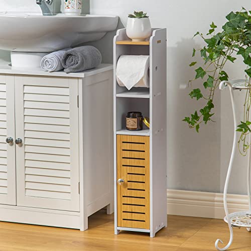 H HUIYKALY Bathroom Storage Cabinet,Small Storage Cabinet for Small Spaces,Bathroom Stand with Toilet Paper Holder Insert,White Bamboo