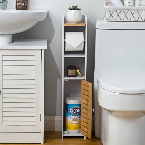 H HUIYKALY Bathroom Storage Cabinet,Small Storage Cabinet for Small Spaces,Bathroom Stand with Toilet Paper Holder Insert,White Bamboo