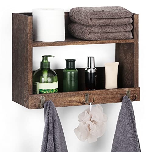 Towel Racks for Bathroom 2 Tier Farmhouse Wooden Bathroom Shelf with Double Towel Hooks Rustic Floating Shelves for Bathroom Kitchen Home Office Rustic Brown