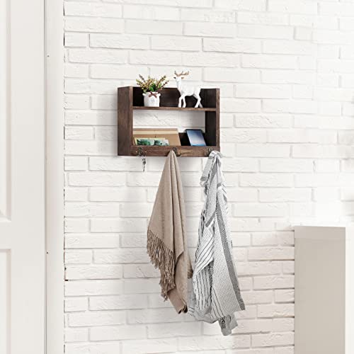 Towel Racks for Bathroom 2 Tier Farmhouse Wooden Bathroom Shelf with Double Towel Hooks Rustic Floating Shelves for Bathroom Kitchen Home Office Rustic Brown