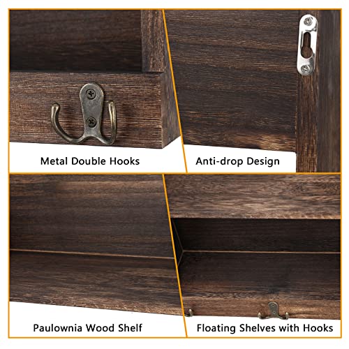 Towel Racks for Bathroom 2 Tier Farmhouse Wooden Bathroom Shelf with Double Towel Hooks Rustic Floating Shelves for Bathroom Kitchen Home Office Rustic Brown