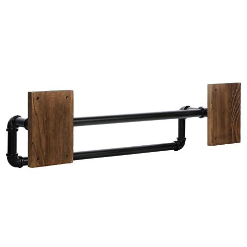 MyGift Wall Mounted Industrial Black Metal Double Bar Bathroom Towel Rack and Hanging Garment Rack with Burnt Solid Wood Mounting Bracket, Realistic Pipe 2 Tier Bath and Hand Towel Holder