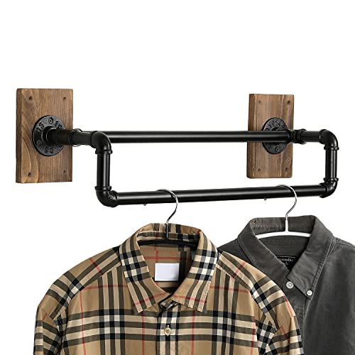 MyGift Wall Mounted Industrial Black Metal Double Bar Bathroom Towel Rack and Hanging Garment Rack with Burnt Solid Wood Mounting Bracket, Realistic Pipe 2 Tier Bath and Hand Towel Holder