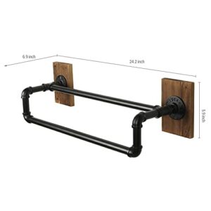 MyGift Wall Mounted Industrial Black Metal Double Bar Bathroom Towel Rack and Hanging Garment Rack with Burnt Solid Wood Mounting Bracket, Realistic Pipe 2 Tier Bath and Hand Towel Holder