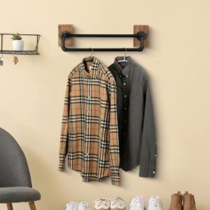 MyGift Wall Mounted Industrial Black Metal Double Bar Bathroom Towel Rack and Hanging Garment Rack with Burnt Solid Wood Mounting Bracket, Realistic Pipe 2 Tier Bath and Hand Towel Holder