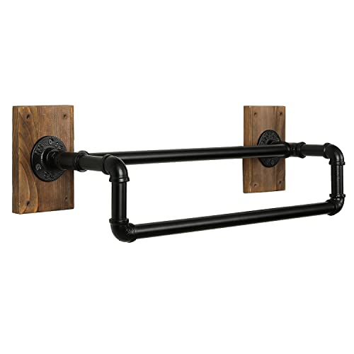 MyGift Wall Mounted Industrial Black Metal Double Bar Bathroom Towel Rack and Hanging Garment Rack with Burnt Solid Wood Mounting Bracket, Realistic Pipe 2 Tier Bath and Hand Towel Holder