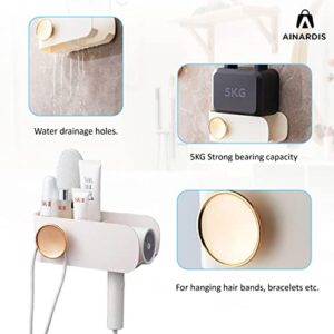 AINARDIS Hair Dryer Holder - Space Saving Bathroom Organizer Storage Caddy, Blow Dryer Cord Holder, Strong Adhesive Mount, Renter Friendly / No Damage, Hair Dryer Holder Wall Mounted, Stylish Gift.