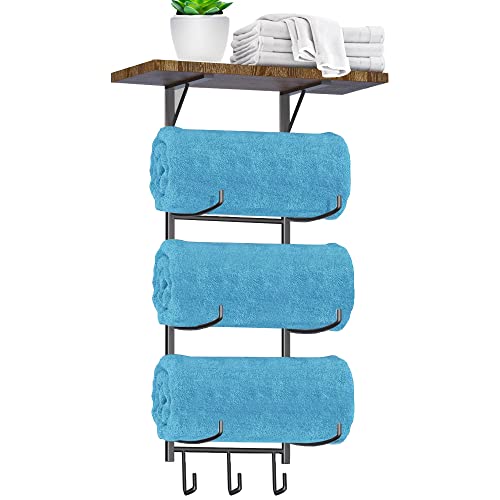 Towel Racks for Bathroom Wall Mounted,Wall Rack for Rolled Towels with 3 Hooks and Wood Shel, Metal Bath Towel Holder Organizer for Rolled Bath Towels, Hand Towels, Washcloths in Small Bathroom/Camper