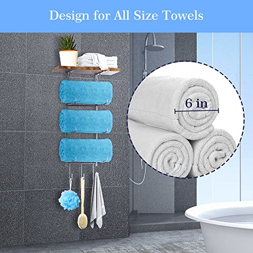 Towel Racks for Bathroom Wall Mounted,Wall Rack for Rolled Towels with 3 Hooks and Wood Shel, Metal Bath Towel Holder Organizer for Rolled Bath Towels, Hand Towels, Washcloths in Small Bathroom/Camper