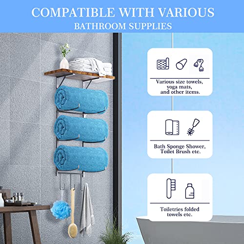 Towel Racks for Bathroom Wall Mounted,Wall Rack for Rolled Towels with 3 Hooks and Wood Shel, Metal Bath Towel Holder Organizer for Rolled Bath Towels, Hand Towels, Washcloths in Small Bathroom/Camper