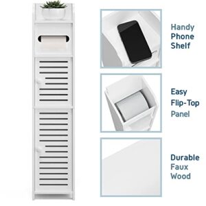 MEZHI Bathroom Storage Cabinet Floor Standing Toilet Paper Organizer Shelves with Door (White)