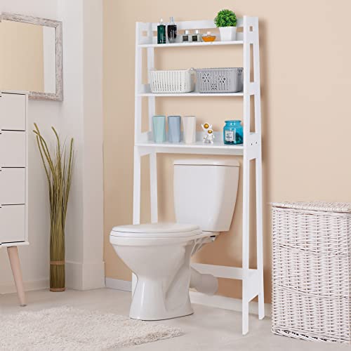 SUPER DEAL 3 Tiers Over The Toilet Bathroom Storage Shelf, Freestanding Wooden Bathroom Organizer Rack with Shelves for Laundry Restroom, White