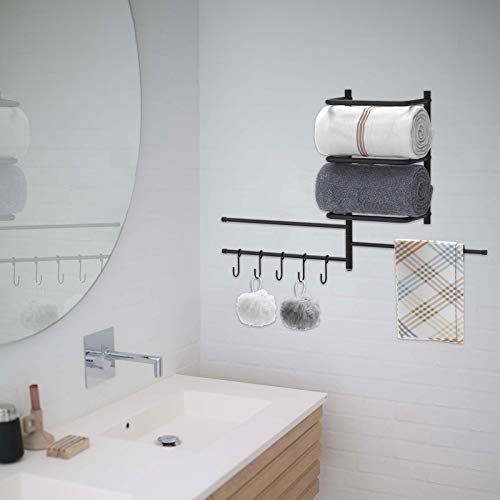 Towel Rack Holder&Organizer,Wall Mounted Metal Bathroom Towel Bar with 3 Swivel Arms 5 S-Hooks for Storage of Towels, Washcloths, Hand Towels